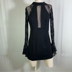 Free People Black Lace Long Sleeve Mini Dress Sz S